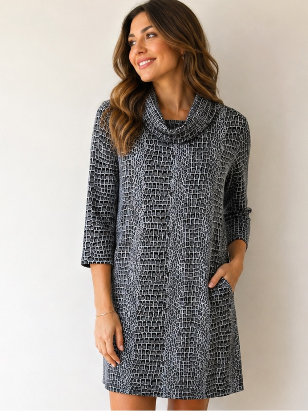 Tyler Böe XS Black Gray Animal Print Cowl Neck Tunic Dress 3/4 Sleeve